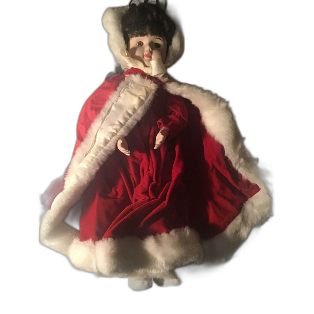 Vintage Anco Holiday Moments Porcelain Doll - 16" Red Velvet Faux Fur Cape
